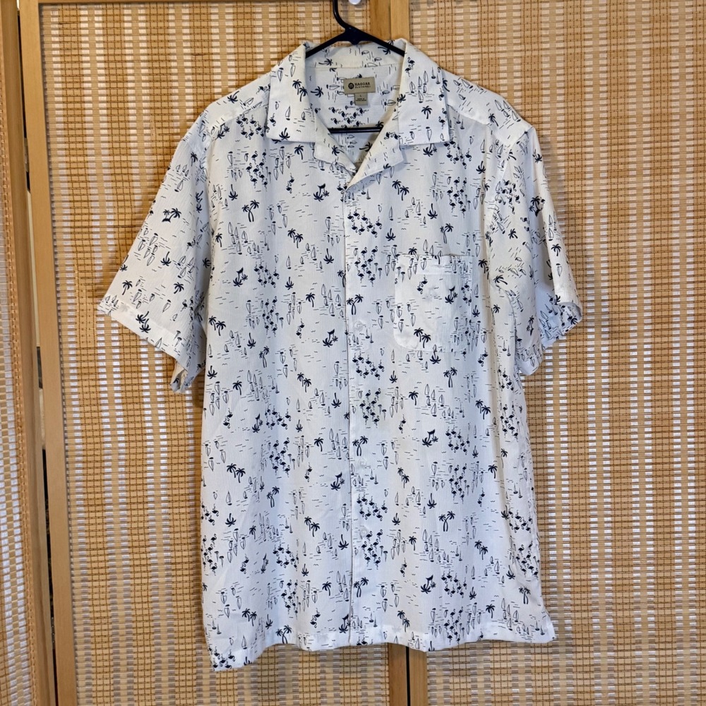 Haggar Mens L White Flamingo Sailboat Palm Tree Short Sleeve Button Down Shirt